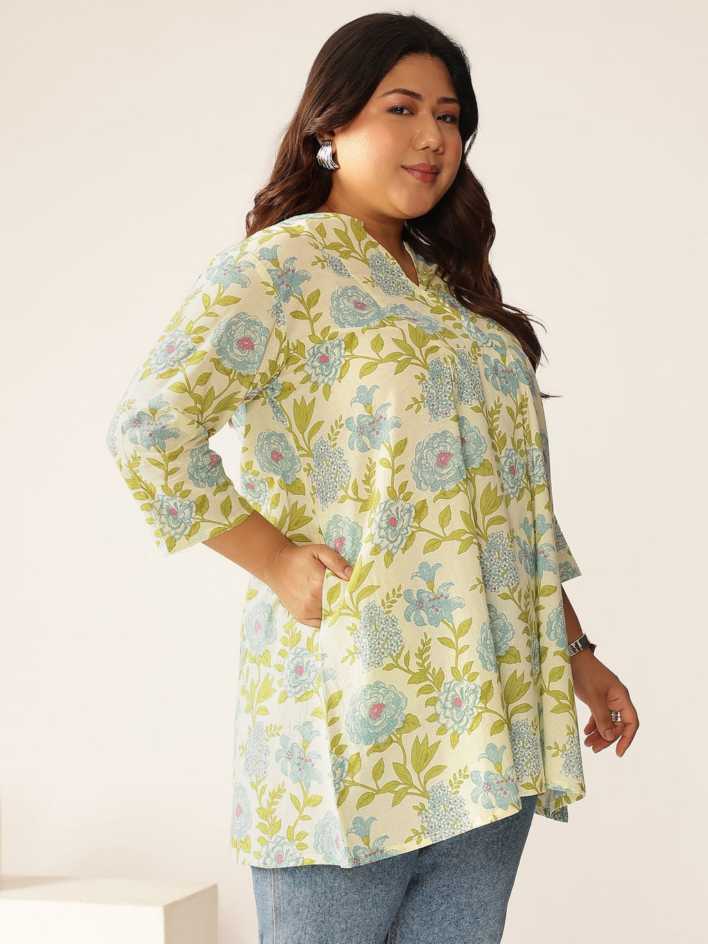 Plus Size Off White Pure Cotton Floral Printed A-line Tunic
