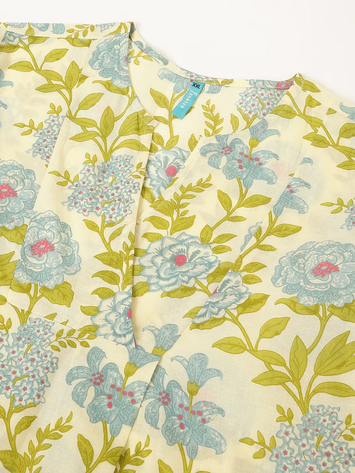 Plus Size Off White Pure Cotton Floral Printed A-line Tunic - qivii