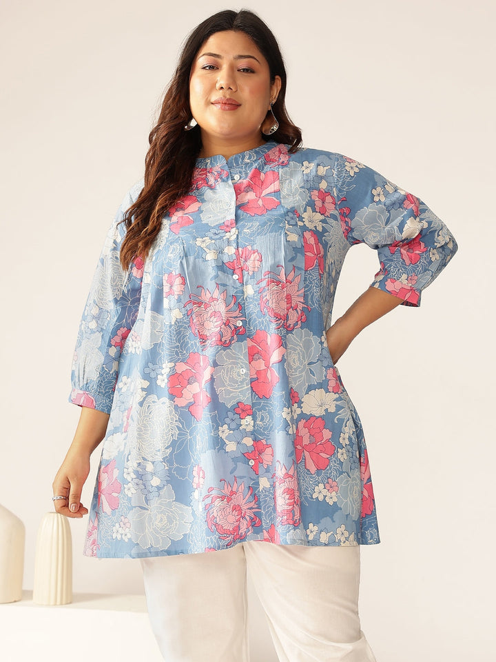 Plus Size Blue Pure Cotton Floral Printed A-line Tunic - qivii