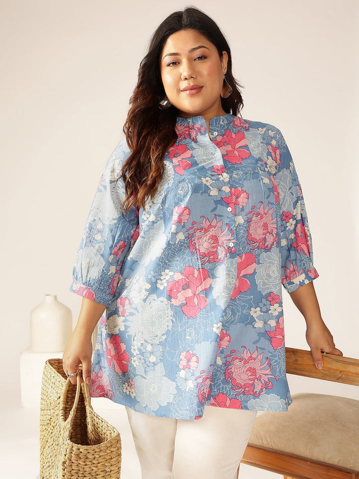 Plus Size Blue Pure Cotton Floral Printed A-line Tunic - qivii
