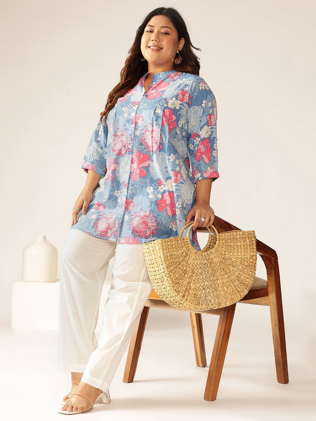 Plus Size Blue Pure Cotton Floral Printed A-line Tunic