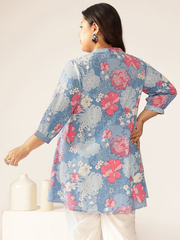 Plus Size Blue Pure Cotton Floral Printed A-line Tunic - qivii