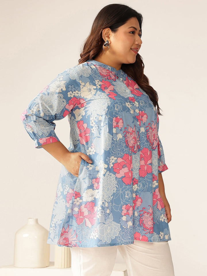 Plus Size Blue Pure Cotton Floral Printed A-line Tunic - qivii