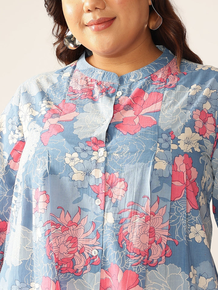 Plus Size Blue Pure Cotton Floral Printed A-line Tunic - qivii