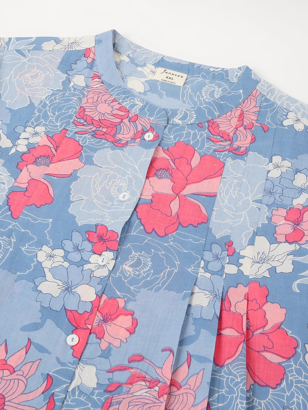 Plus Size Blue Pure Cotton Floral Printed A-line Tunic