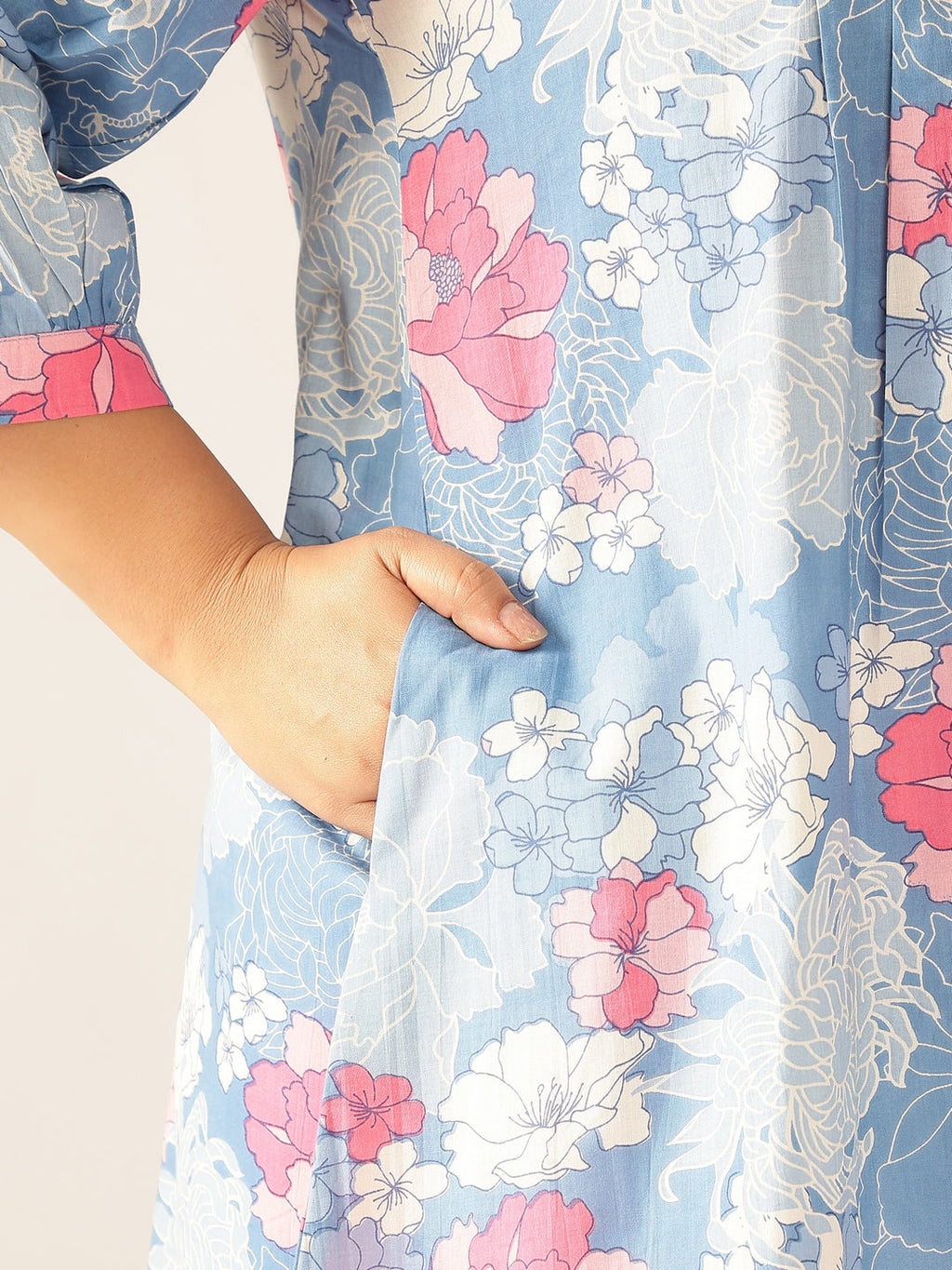 Plus Size Blue Pure Cotton Floral Printed A-line Tunic