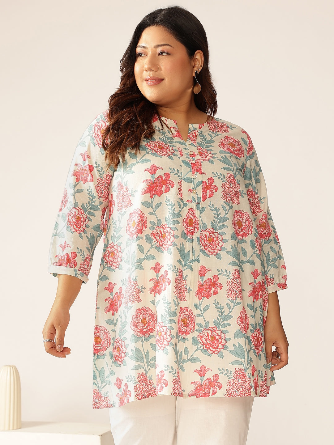 Plus Size Off White Pure Cotton Floral A-line Tunic