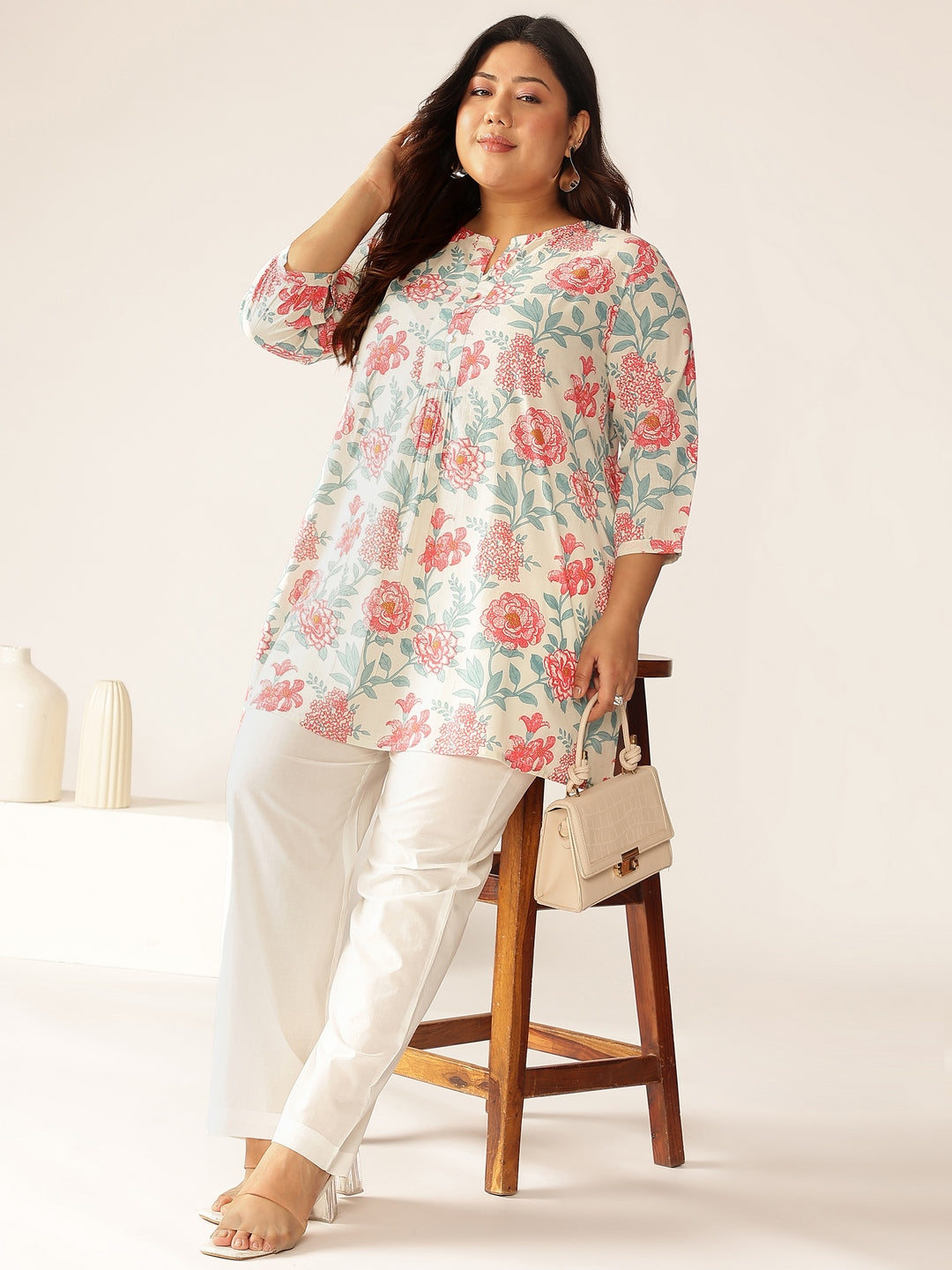 Plus Size Off White Pure Cotton Floral A-line Tunic