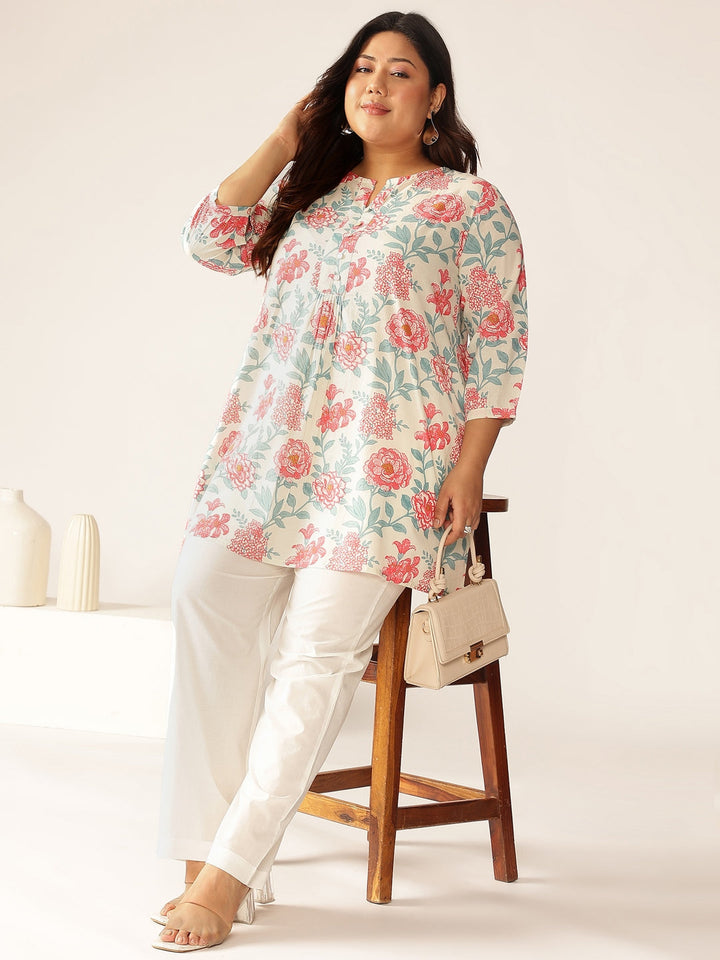 Plus Size Off White Pure Cotton Floral A-line Tunic - qivii