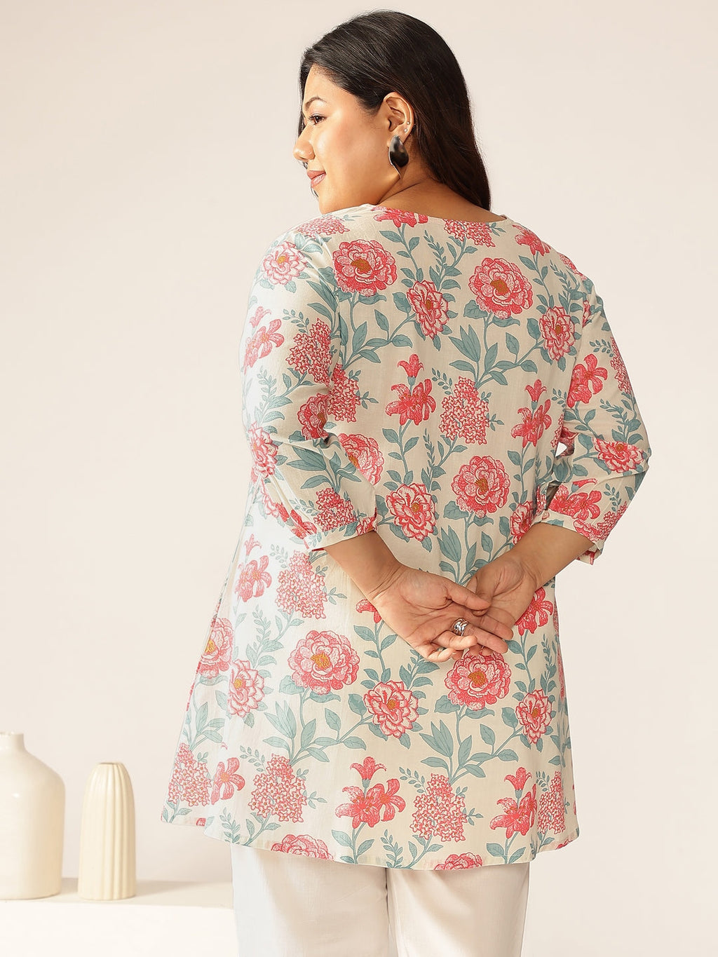 Plus Size Off White Pure Cotton Floral A-line Tunic