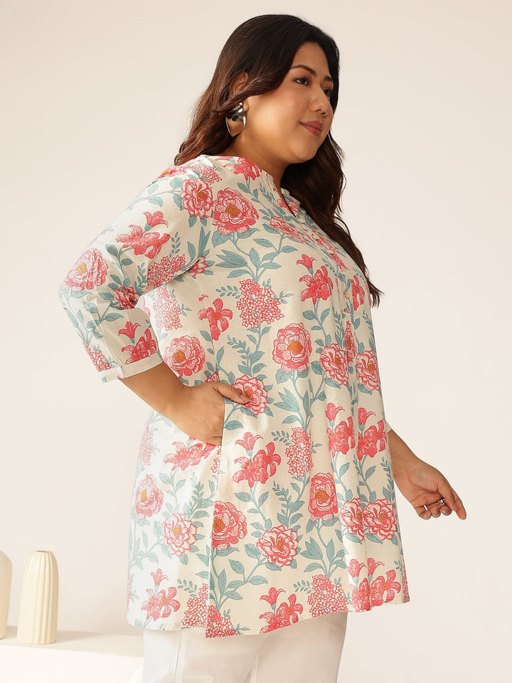 Plus Size Off White Pure Cotton Floral A-line Tunic - qivii