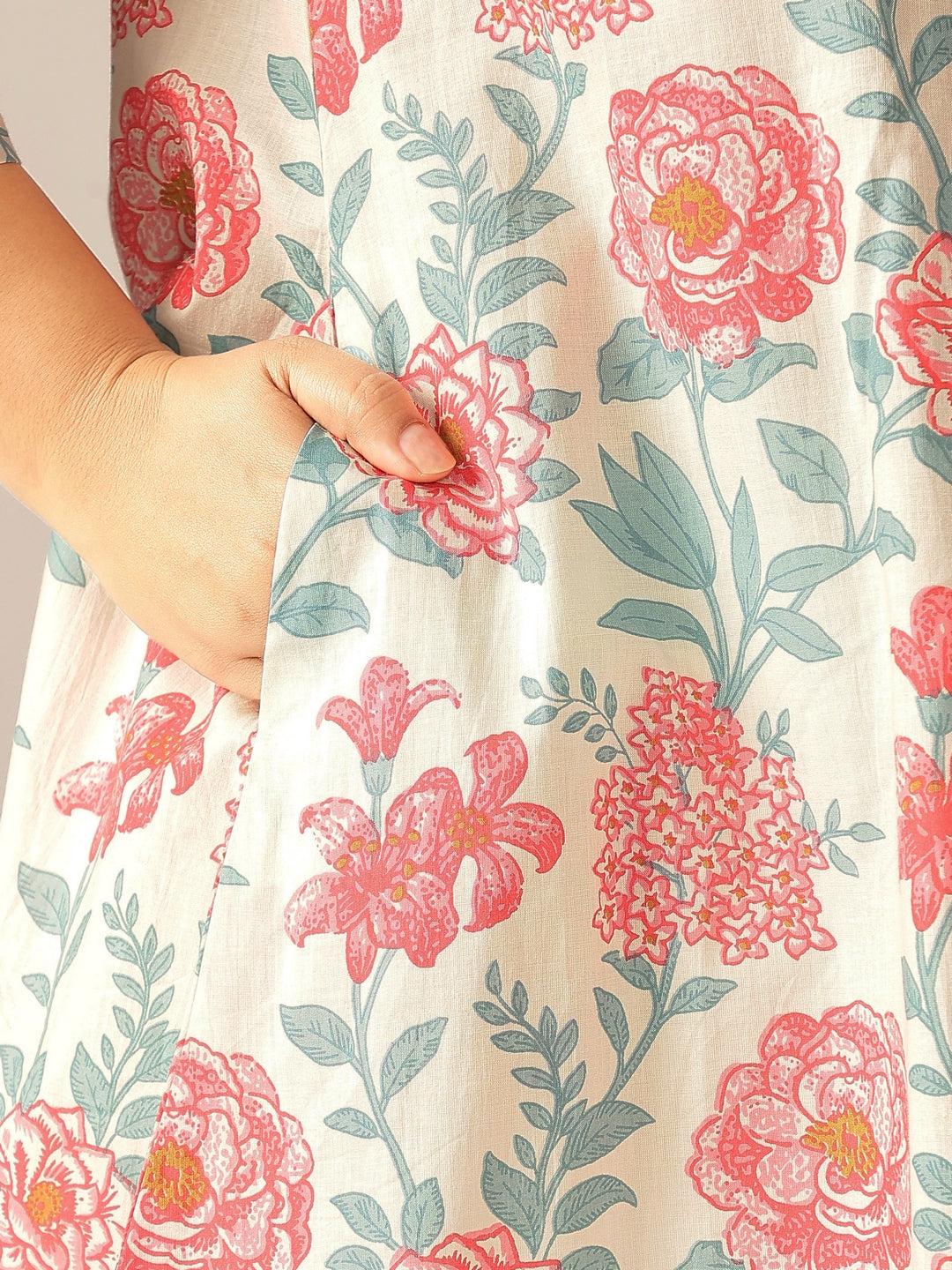 Plus Size Off White Pure Cotton Floral A-line Tunic