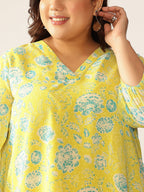 Plus Size Lime Yellow Georgette Floral Printed A-line Tunic