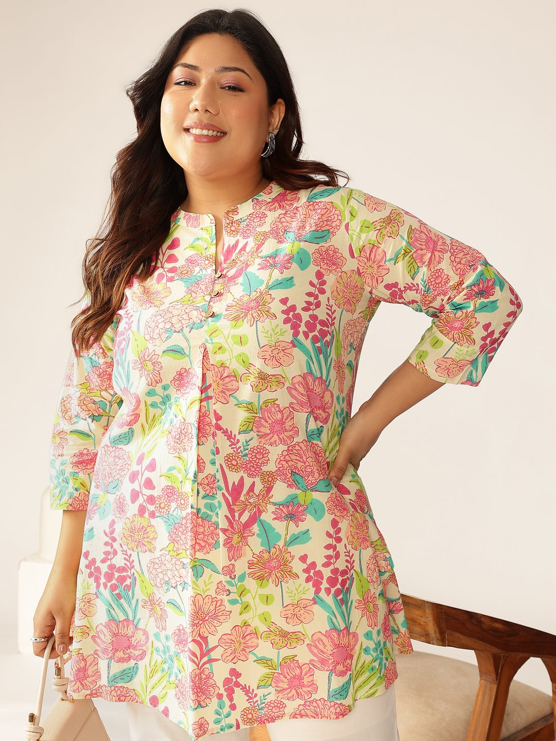 Plus Size Cream Pure Cotton Floral Printed A-line Tunic - qivii