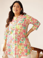 Plus Size Cream Pure Cotton Floral Printed A-line Tunic