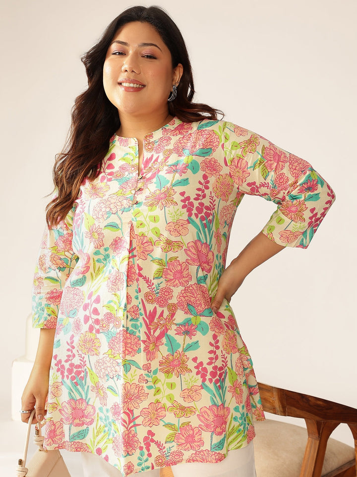 Plus Size Cream Pure Cotton Floral Printed A-line Tunic - qivii