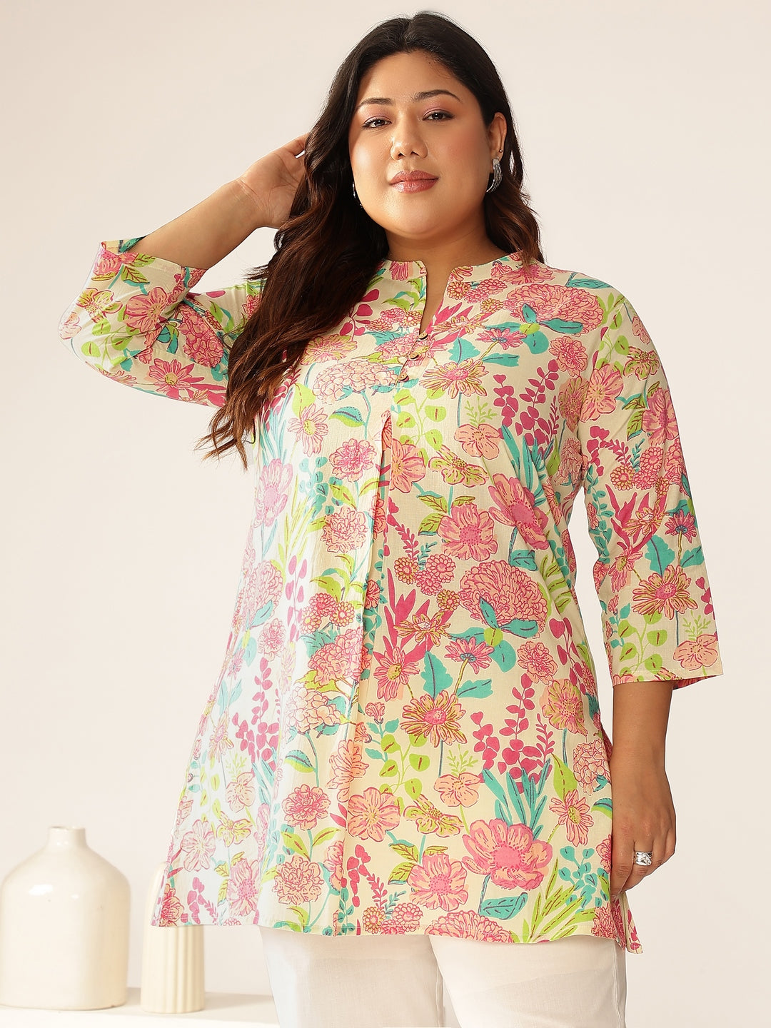 Plus Size Cream Pure Cotton Floral Printed A-line Tunic - qivii