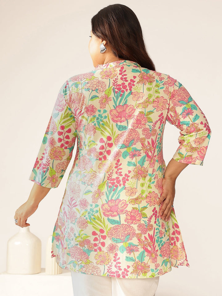 Plus Size Cream Pure Cotton Floral Printed A-line Tunic - qivii