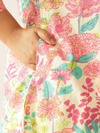 Plus Size Cream Pure Cotton Floral Printed A-line Tunic