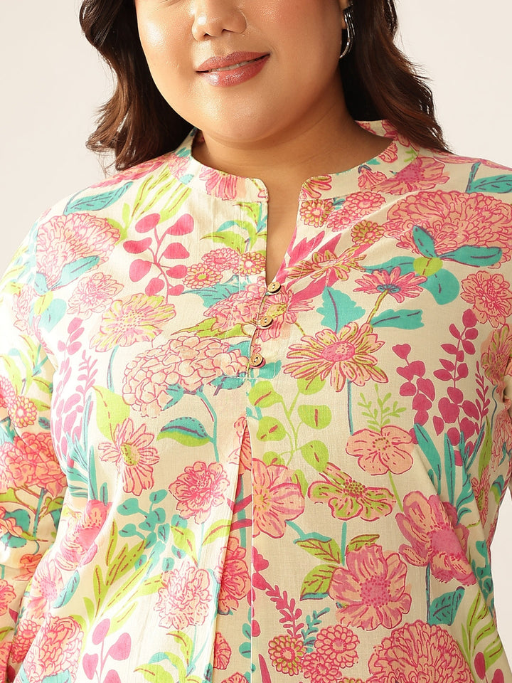 Plus Size Cream Pure Cotton Floral Printed A-line Tunic - qivii