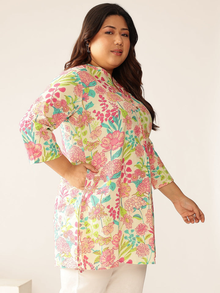 Plus Size Cream Pure Cotton Floral Printed A-line Tunic - qivii