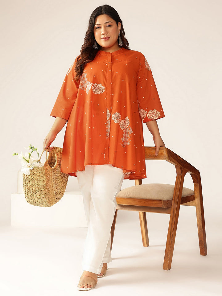 Plus Size Orange Pure Cotton Floral Printed A-line Tunic - qivii