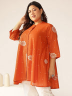 Plus Size Orange Pure Cotton Floral Printed A-line Tunic