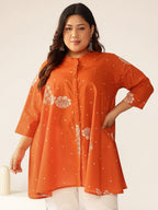 Plus Size Orange Pure Cotton Floral Printed A-line Tunic
