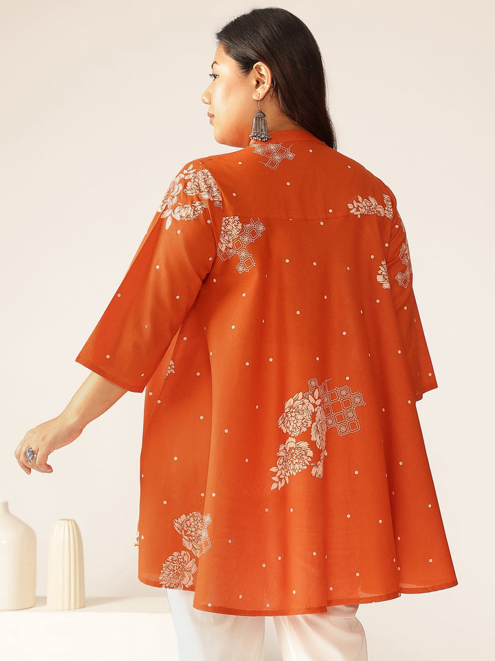 Plus Size Orange Pure Cotton Floral Printed A-line Tunic - qivii