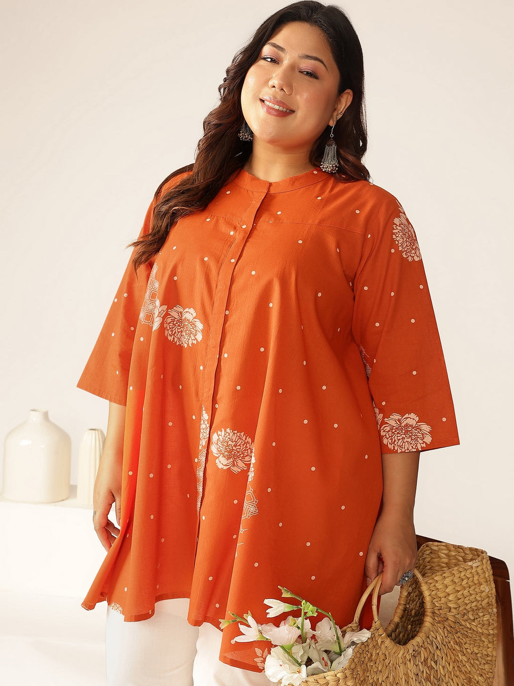 Plus Size Orange Pure Cotton Floral Printed A-line Tunic