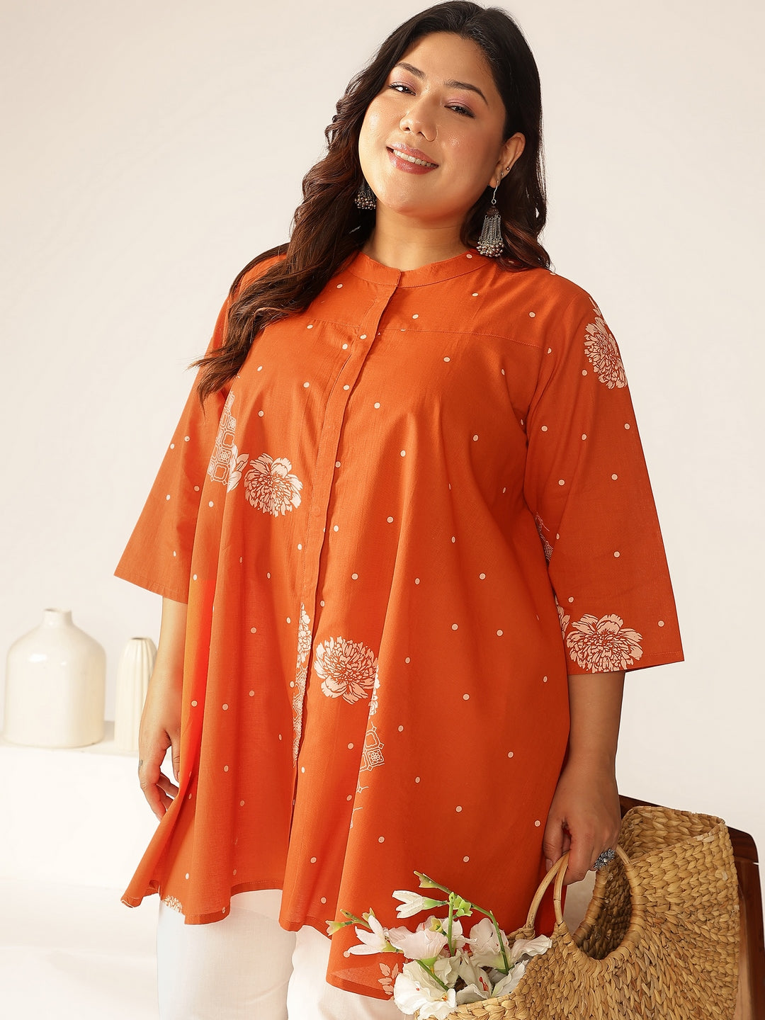 Plus Size Orange Pure Cotton Floral Printed A-line Tunic - qivii