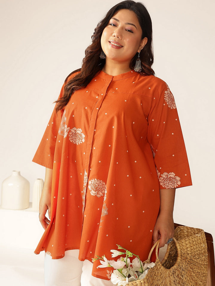 Plus Size Orange Pure Cotton Floral Printed A-line Tunic - qivii