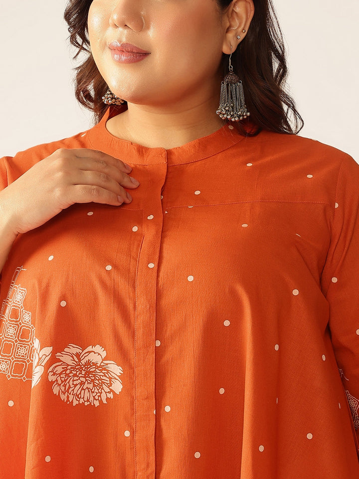 Plus Size Orange Pure Cotton Floral Printed A-line Tunic - qivii