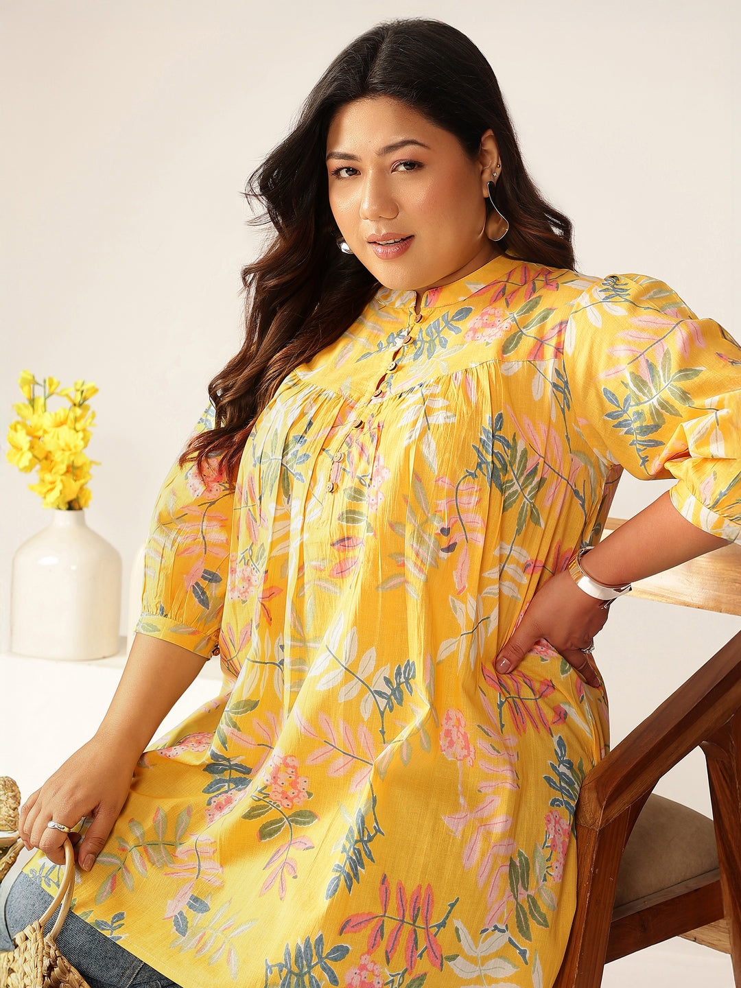 Plus Size Yellow Pure Cotton Tropical Printed A-line Tunic