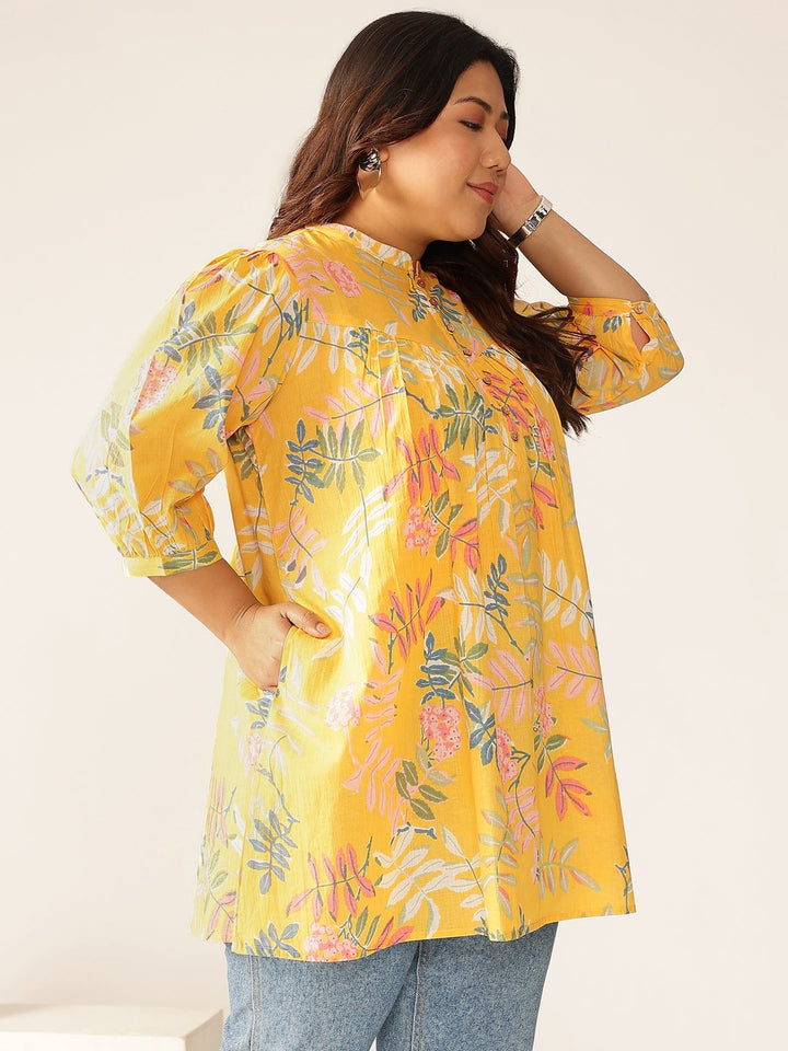 Plus Size Yellow Pure Cotton Tropical Printed A-line Tunic - qivii