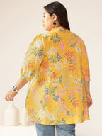 Plus Size Yellow Pure Cotton Tropical Printed A-line Tunic