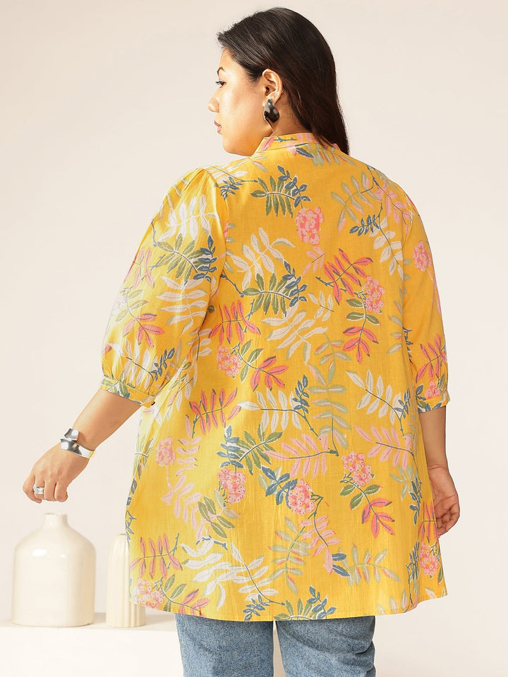 Plus Size Yellow Pure Cotton Tropical Printed A-line Tunic - qivii