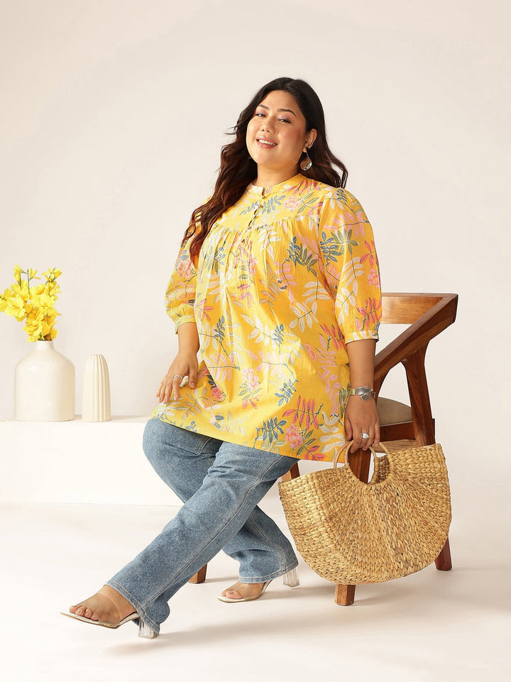 Plus Size Yellow Pure Cotton Tropical Printed A-line Tunic - qivii