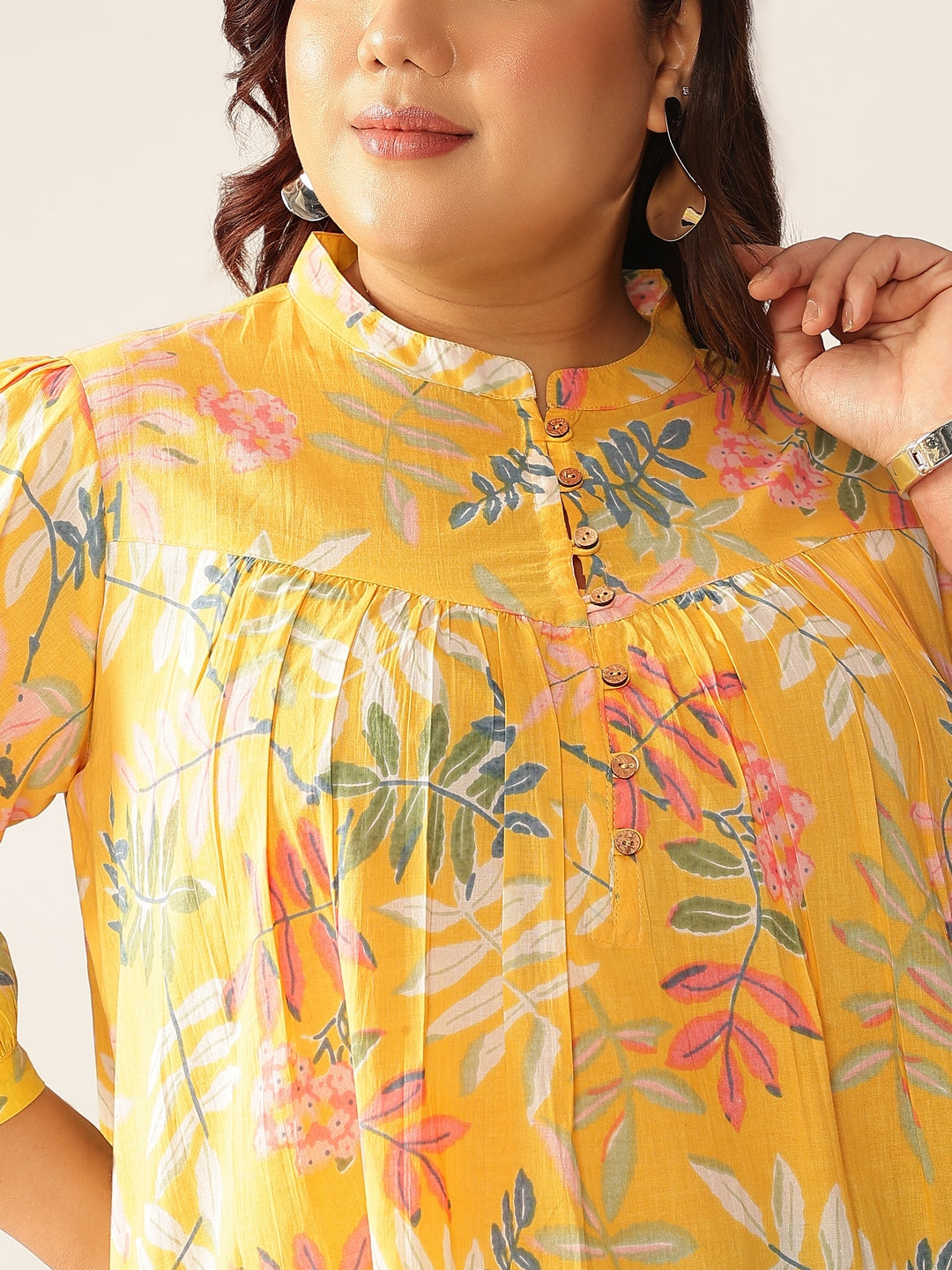 Plus Size Yellow Pure Cotton Tropical Printed A-line Tunic - qivii