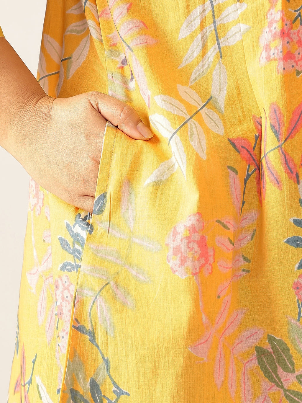 Plus Size Yellow Pure Cotton Tropical Printed A-line Tunic