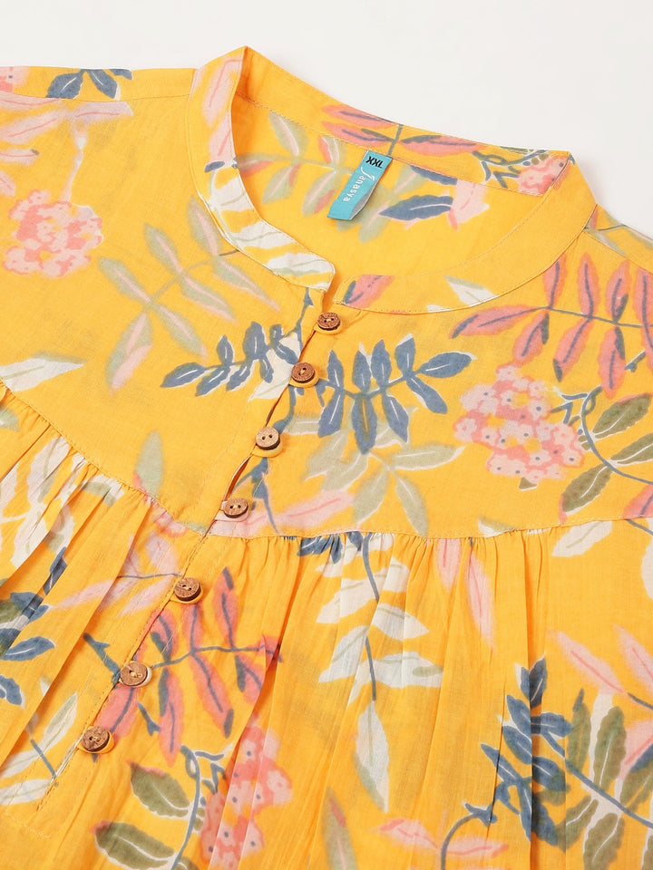 Plus Size Yellow Pure Cotton Tropical Printed A-line Tunic - qivii