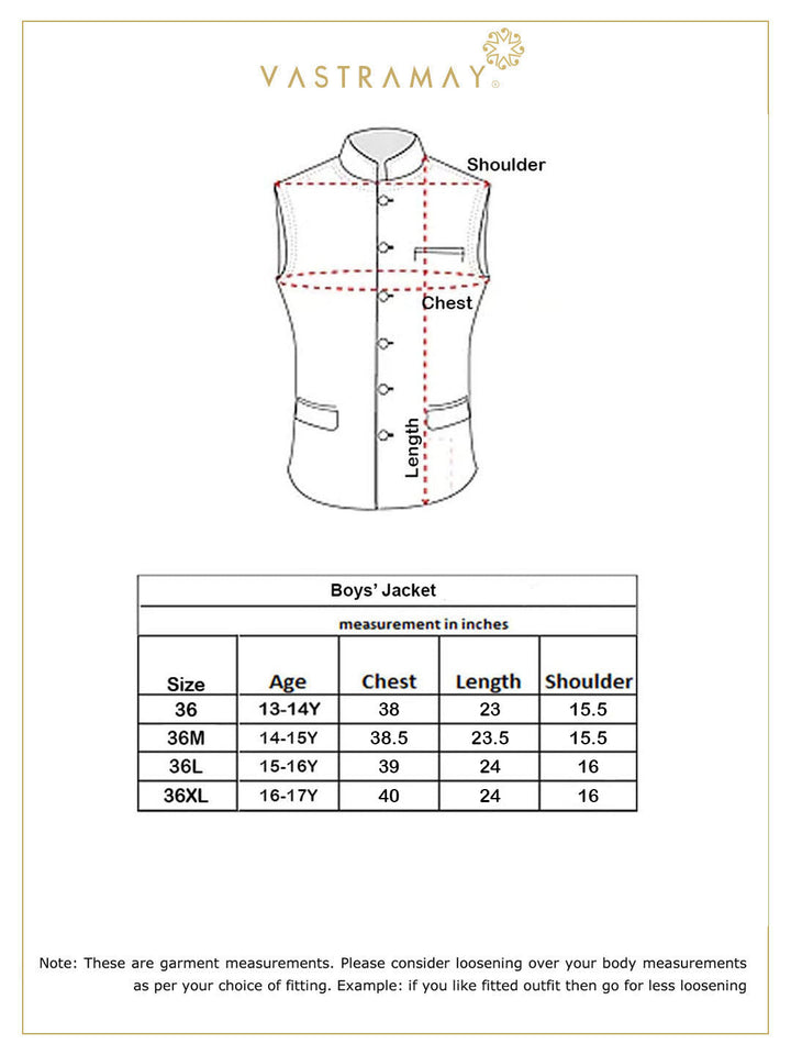 VASTRAMAY Boys' Maroon Woven Design Silk Blend Nehru Jacket - qivii