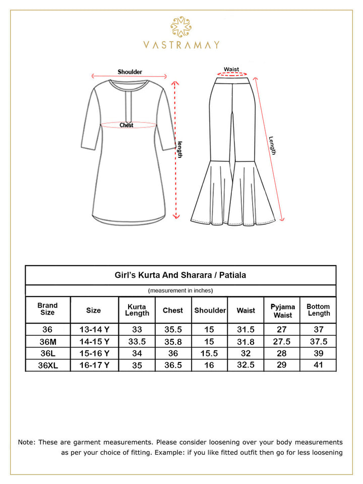 VASTRAMAY Girls' Maroon Zari Kurta And Sharara Set - qivii