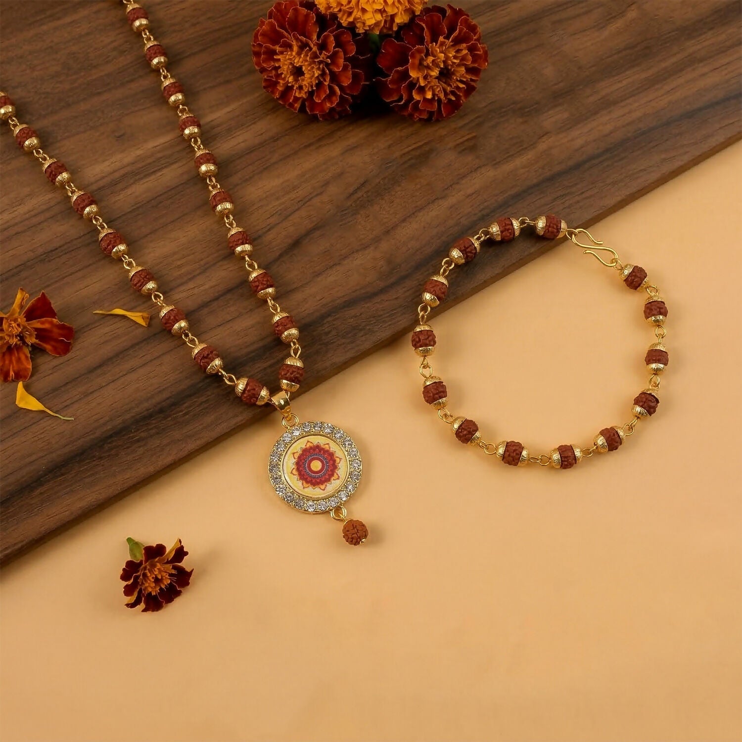 Rudraksha Gold Necklace & Bracelet Set with Mandala Pendant