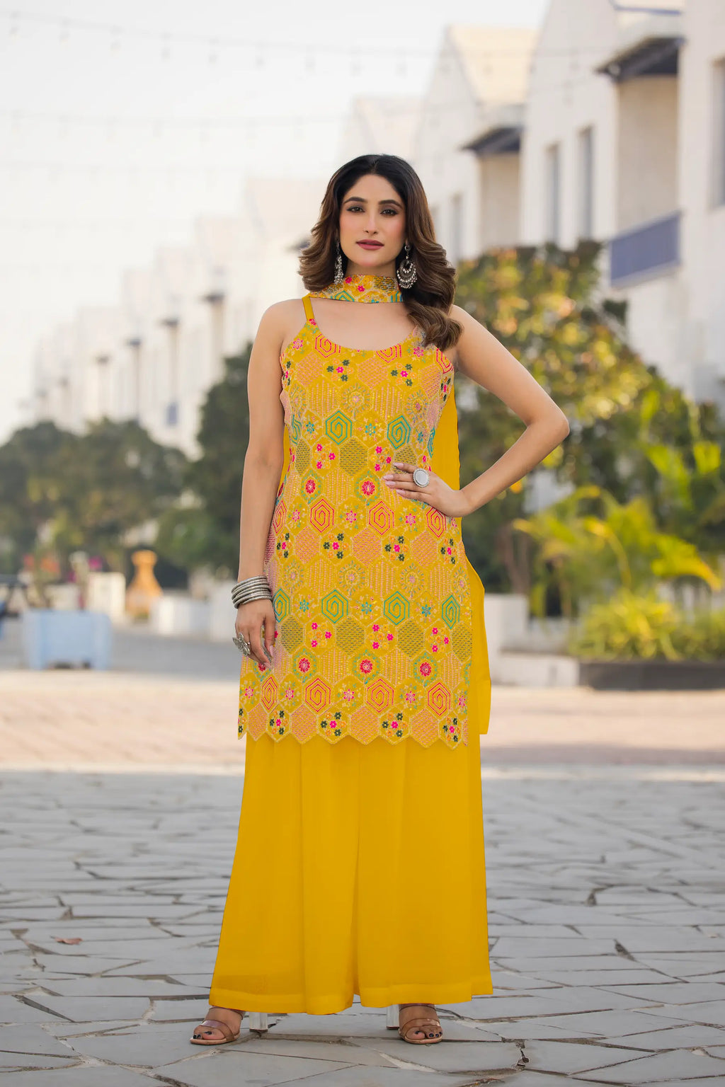 Yellow Chinon Sequence Embroidery Work Salwar Suit