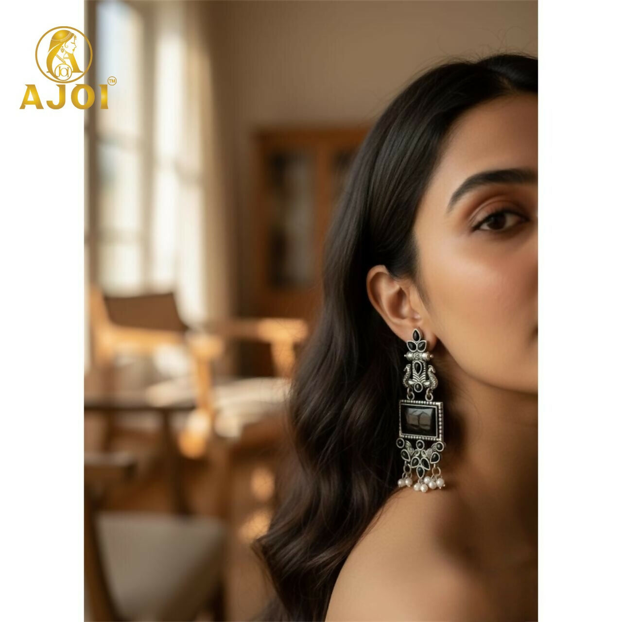 Antique Black Square Stone Oxidised Silver Ethnic Earrings with Pearl Drops | Antique Temple-Style Statement Earrings for Women & Girls