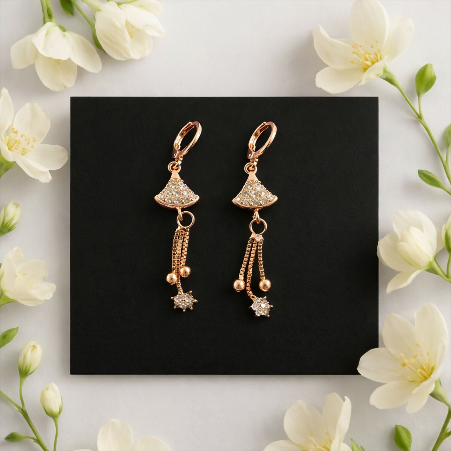 Rose Gold-Tone Crystal Fan Drop Hoop Earrings for Women