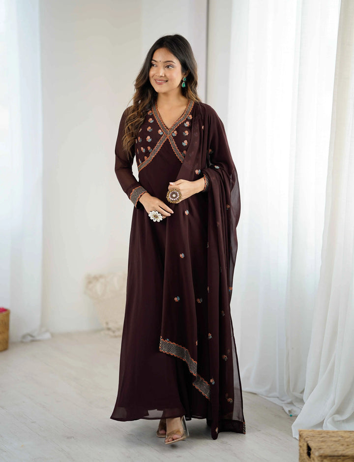 Trendy Brown Embroidery Work Gown With Dupatta - qivii