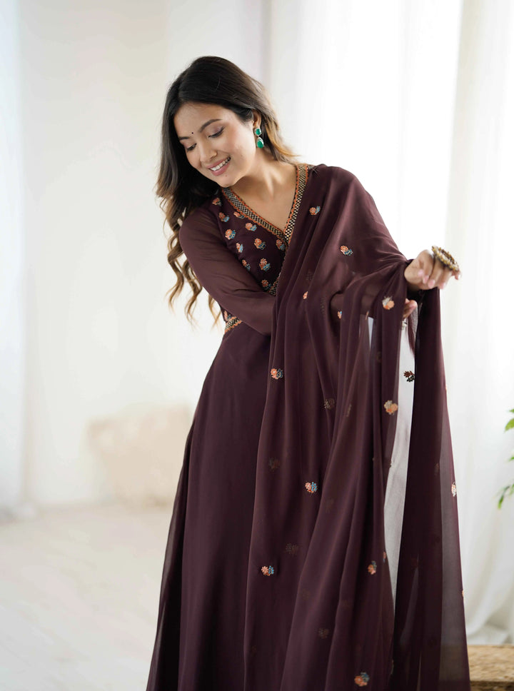 Trendy Brown Embroidery Work Gown With Dupatta - qivii
