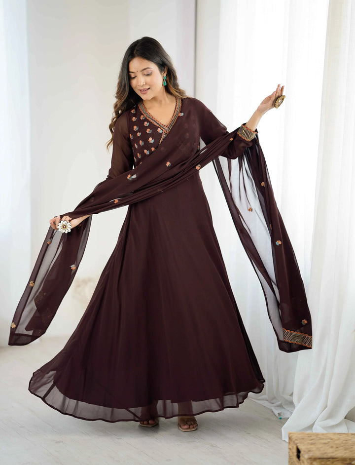 Trendy Brown Embroidery Work Gown With Dupatta - qivii